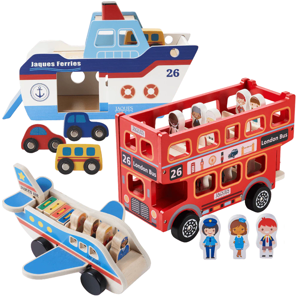 Wooden Transport Toys Bundle | Bus, Aeroplane & Boat Set